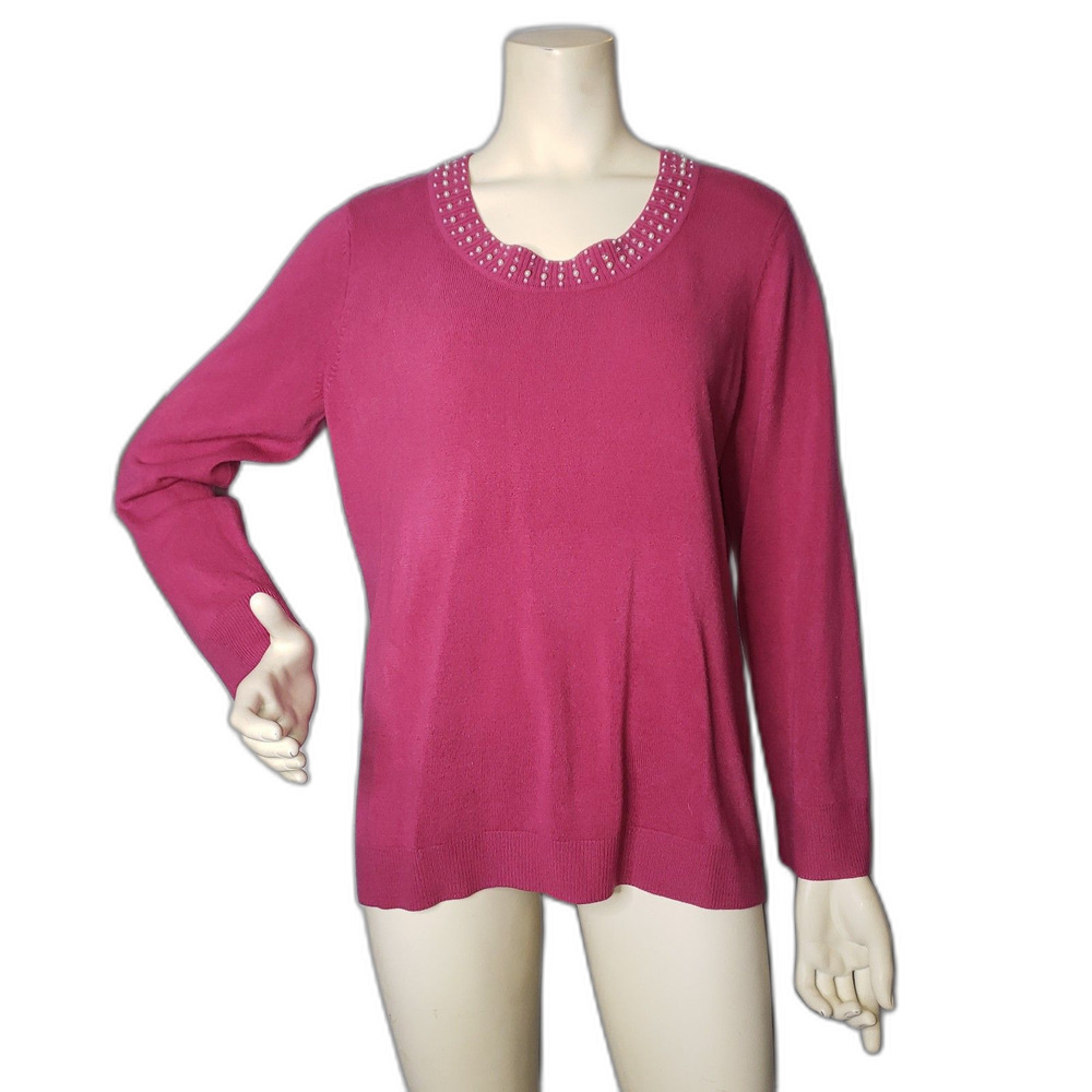 LAURA SCOTT PETITE Pink Crew Neck Sweater Pearl Beaded Detail Womens Size XLP